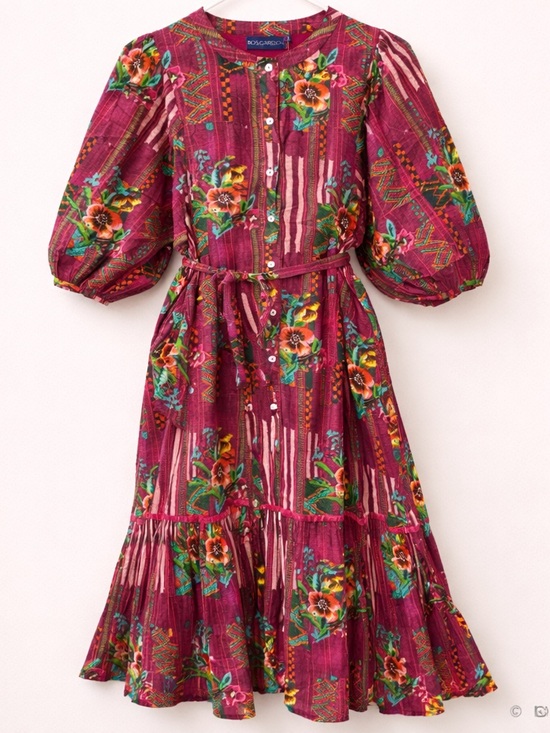 Ro's Garden Dresses & Skirts - Ro’s Garden Printed Bordeaux Floral Midi Dress with Puff Sleeves Tie Waist